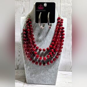 3 Piece paparazzi Vibrant Red Multi-Strand Beaded Necklace with Silver Hoops